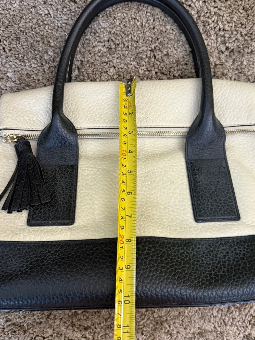 kate spade Cream and Black Leather Two-Tone Satchel with Tassel